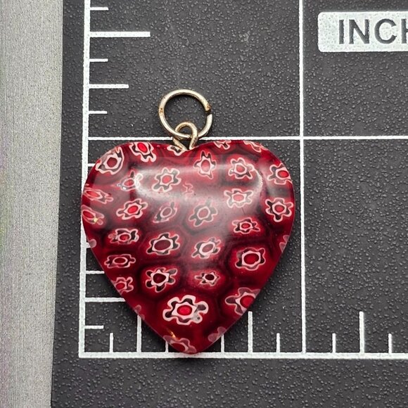 Murano Style Millefiori Glass Heart Pendant 1.25" Red w/ White Floral Mosiac - Picture 3 of 3